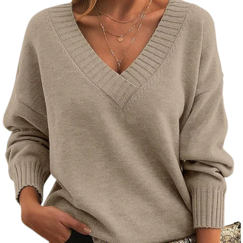 Women's Textured Knit Sweater Relaxed Fit V-Neck Cozy