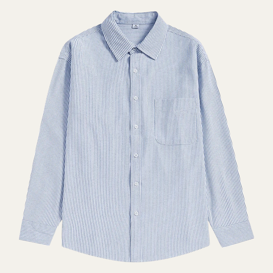 Men's Striped Dress Shirt Classic Collar Pocket Cotton Blue - Fashinoza