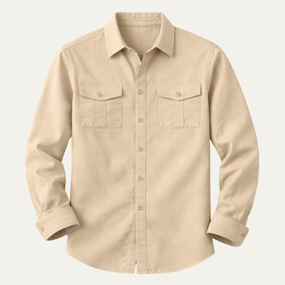 Men's Cotton Linen Cargo Shirt Double Pocket Button Up - Fashinoza
