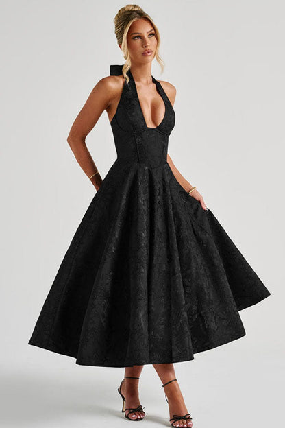 Women's Flared Midi Dress Halter Neck Structured Fit