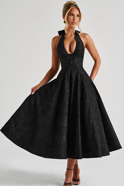 Women's Flared Midi Dress Halter Neck Structured Fit