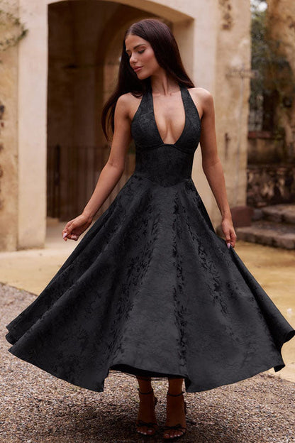 Women's Flared Midi Dress Halter Neck Structured Fit