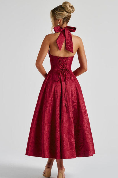 Women's Flared Midi Dress Halter Neck Structured Fit