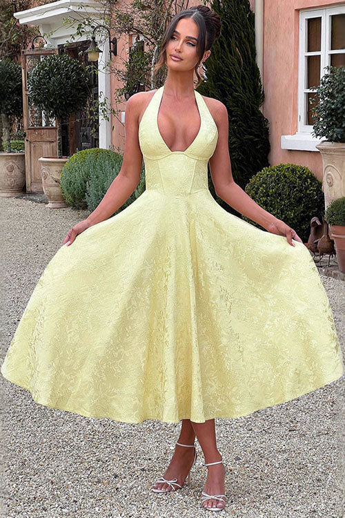 Women's Flared Midi Dress Halter Neck Structured Fit