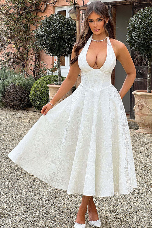 Women's Flared Midi Dress Halter Neck Structured Fit