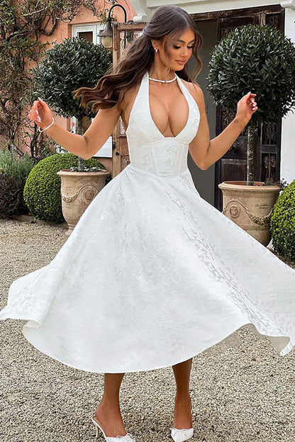 Women's Flared Midi Dress Halter Neck Structured Fit