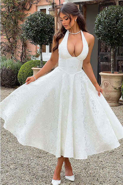 Women's Flared Midi Dress Halter Neck Structured Fit