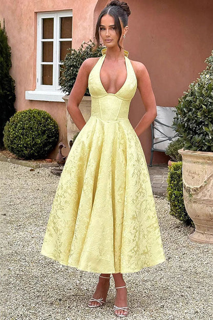 Women's Flared Midi Dress Halter Neck Structured Fit