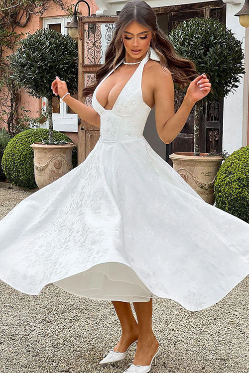 Women's Flared Midi Dress Halter Neck Structured Fit
