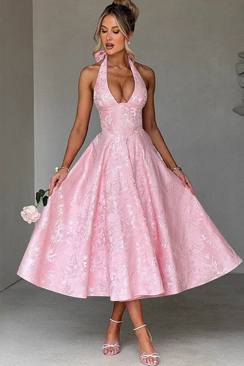 Women's Flared Midi Dress Halter Neck Structured Fit - Fashinoza