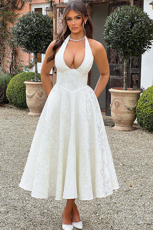 Women's Flared Midi Dress Halter Neck Structured Fit