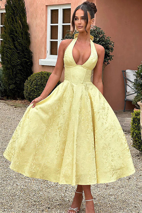 Women's Flared Midi Dress Halter Neck Structured Fit