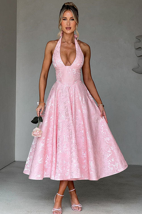 Women's Flared Midi Dress Halter Neck Structured Fit
