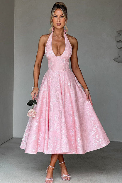Women's Flared Midi Dress Halter Neck Structured Fit