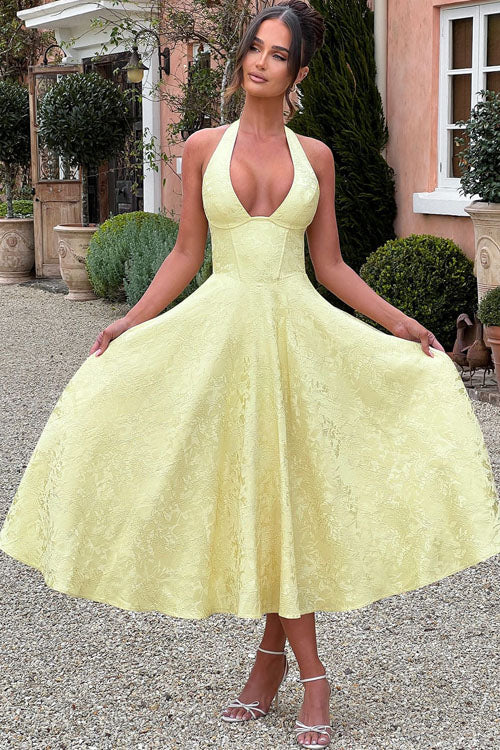 Women's Flared Midi Dress Halter Neck Structured Fit