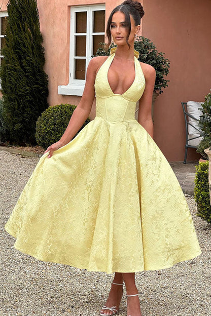 Women's Flared Midi Dress Halter Neck Structured Fit