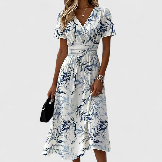 Women's Floral Midi Dress V-Neck Short Sleeve - Fashinoza