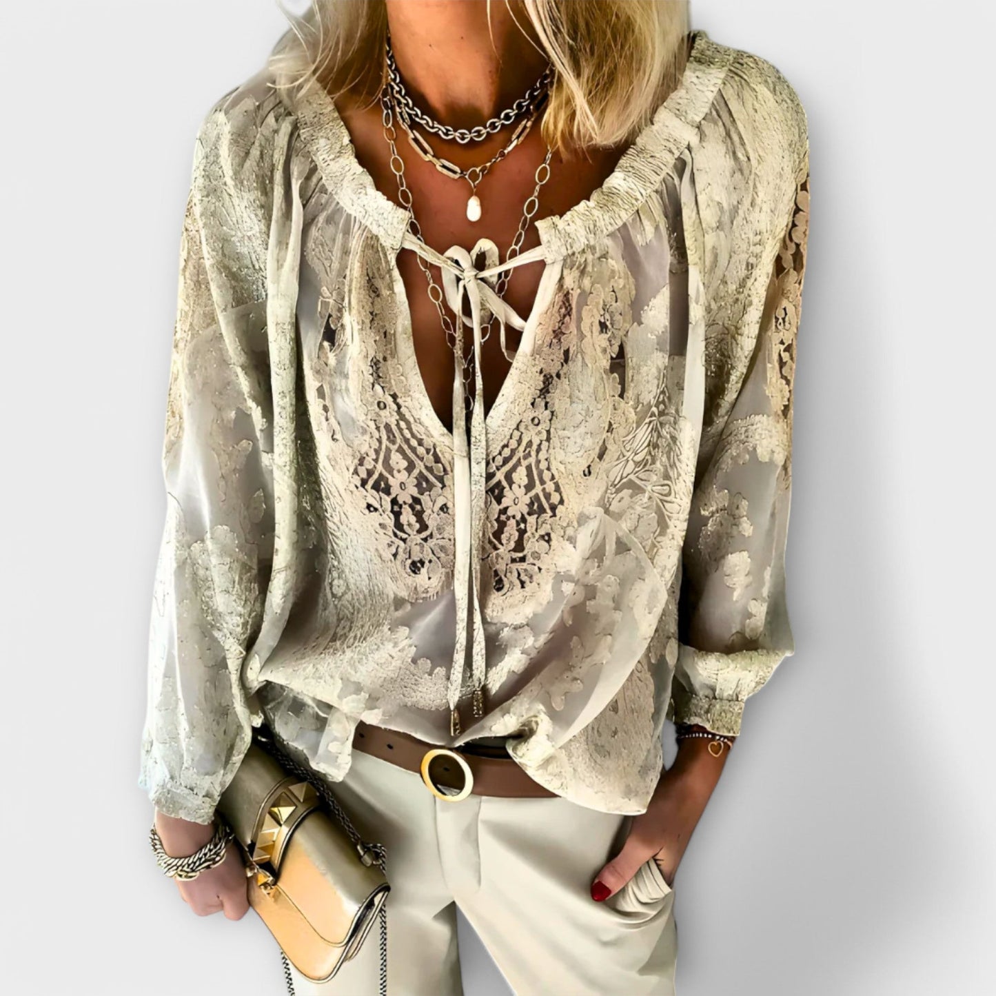 Women's Lace V-Neck Long Sleeve Blouse