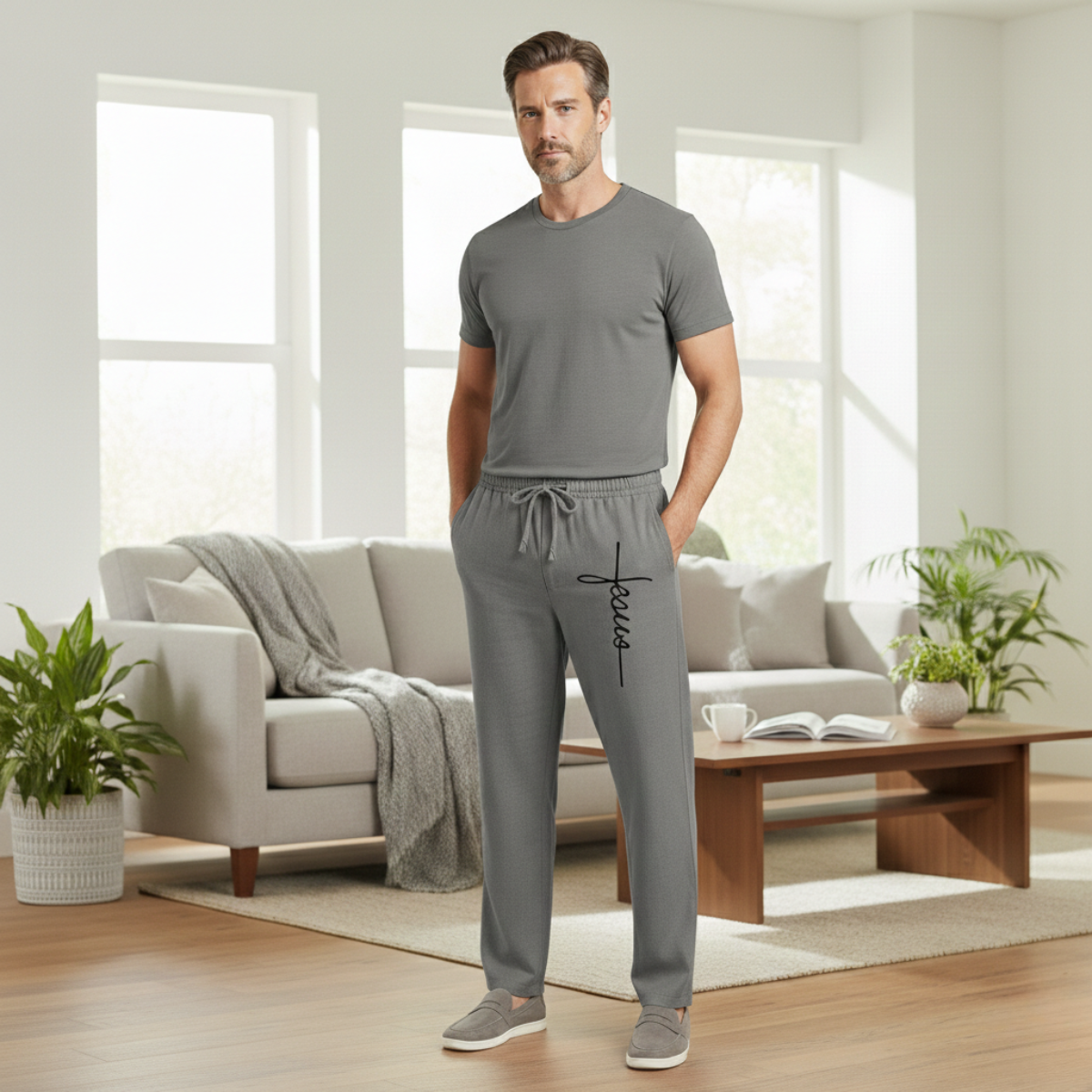 Men's Linen Drawstring Pants Breathable Relaxed Fit Beige
