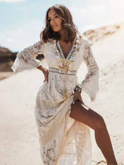 Women's Bohemian Lace Maxi Dress Flared Sleeves
