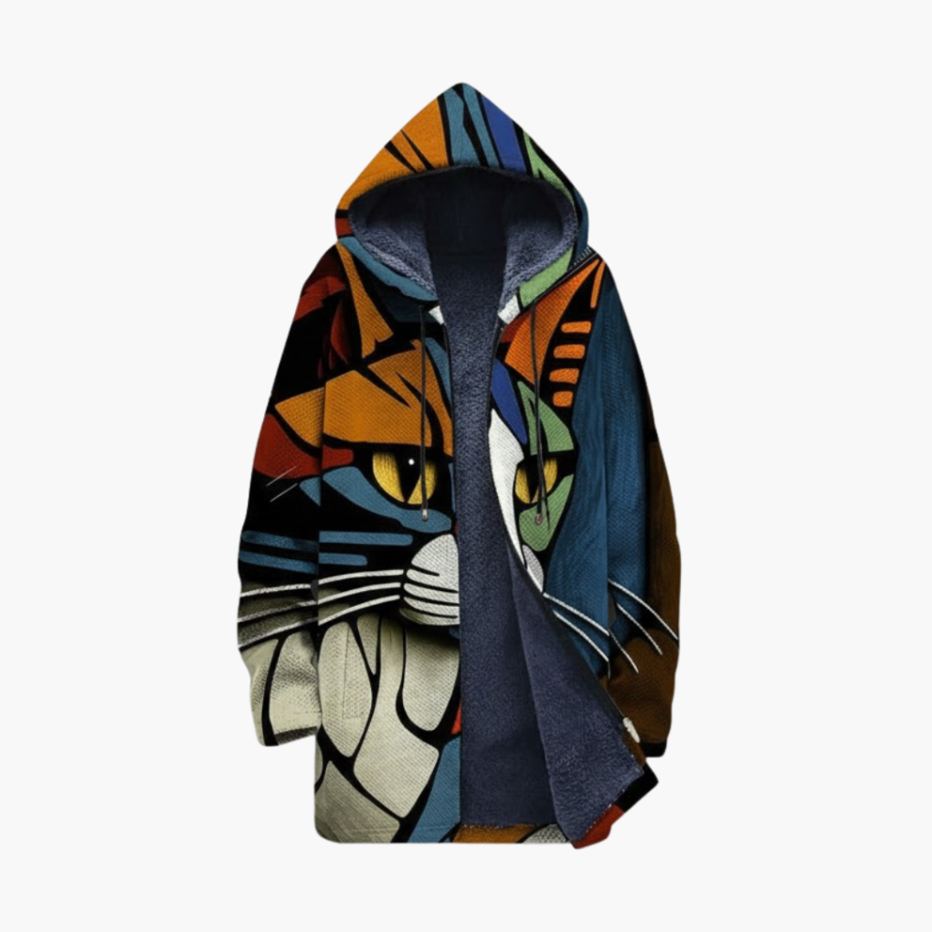 Unisex Hooded Cardigan Cat Print Design - Fashinoza