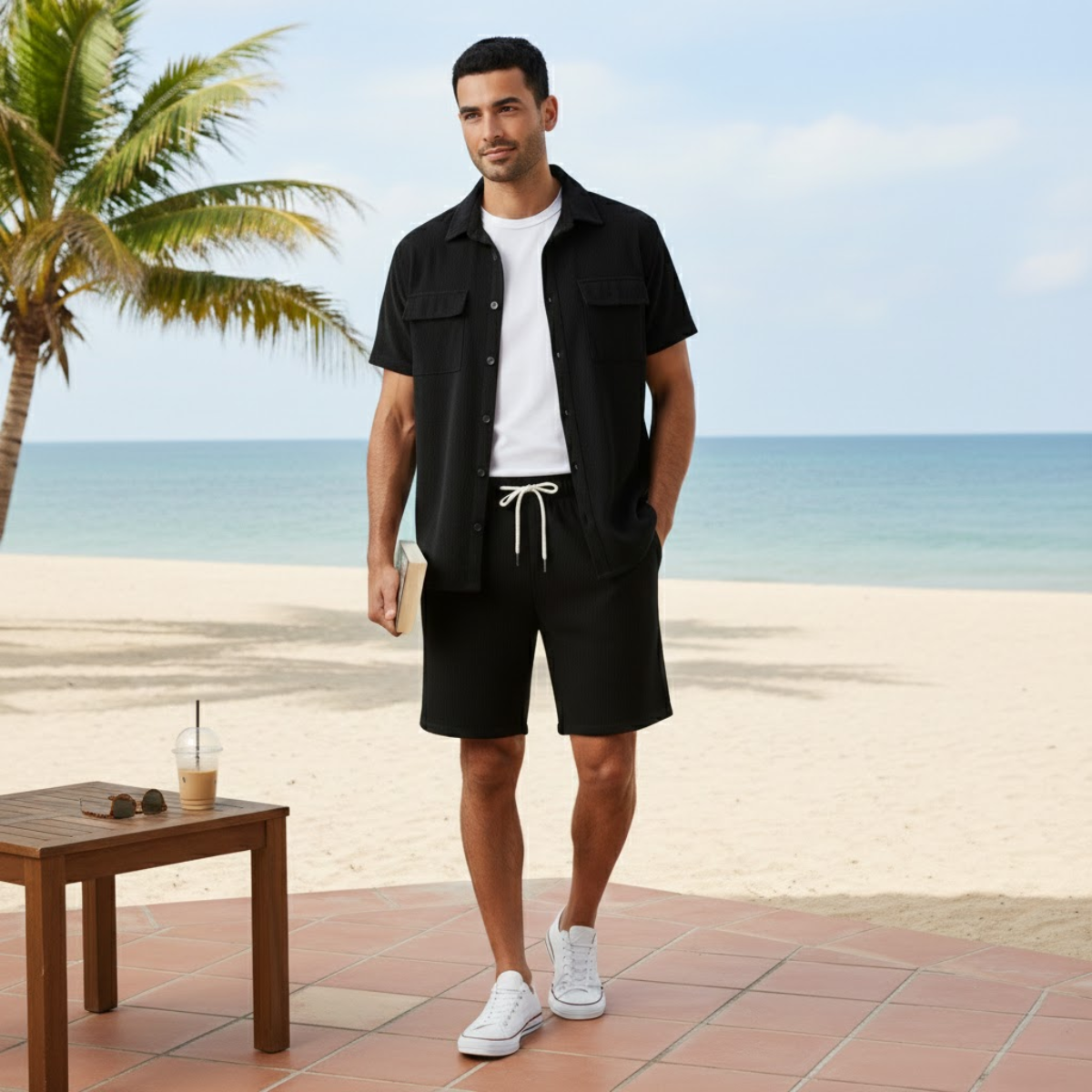 Men's Corduroy Summer Shirt And Shorts Set