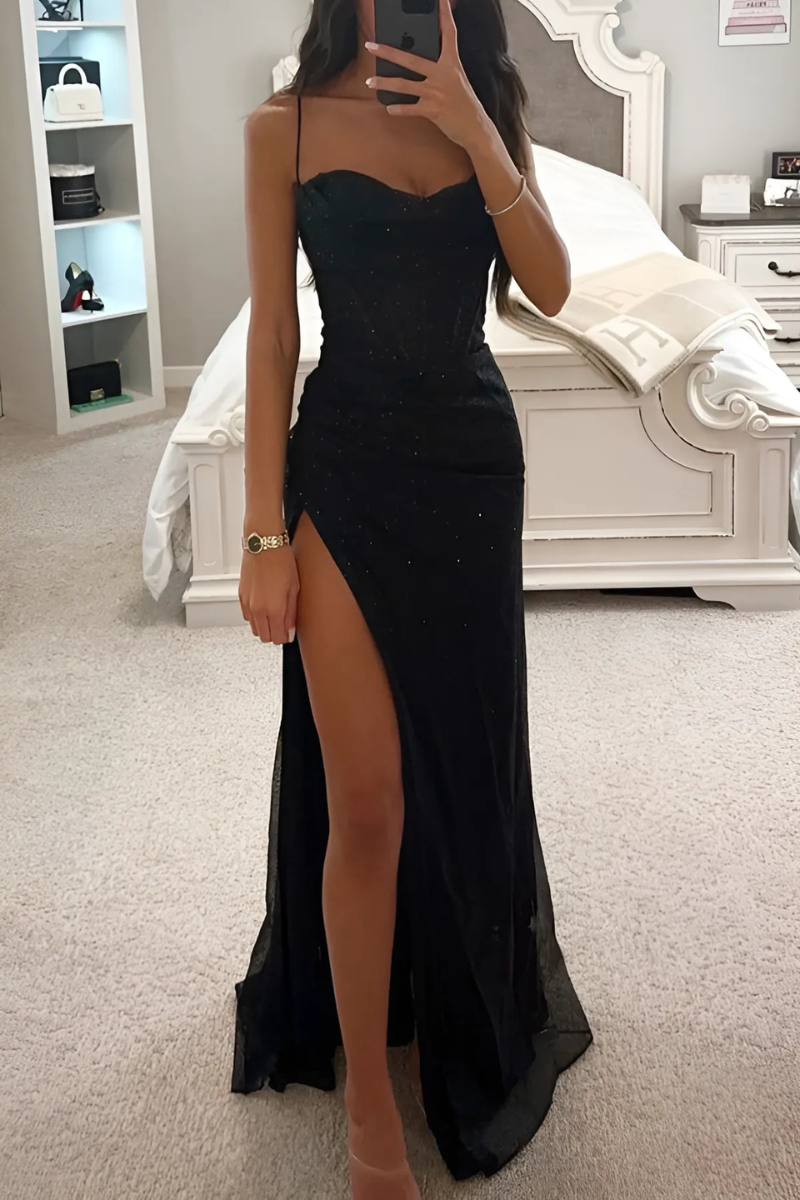 Women's Evening Dress Spaghetti Strap High Split Floor Length - Fashinoza