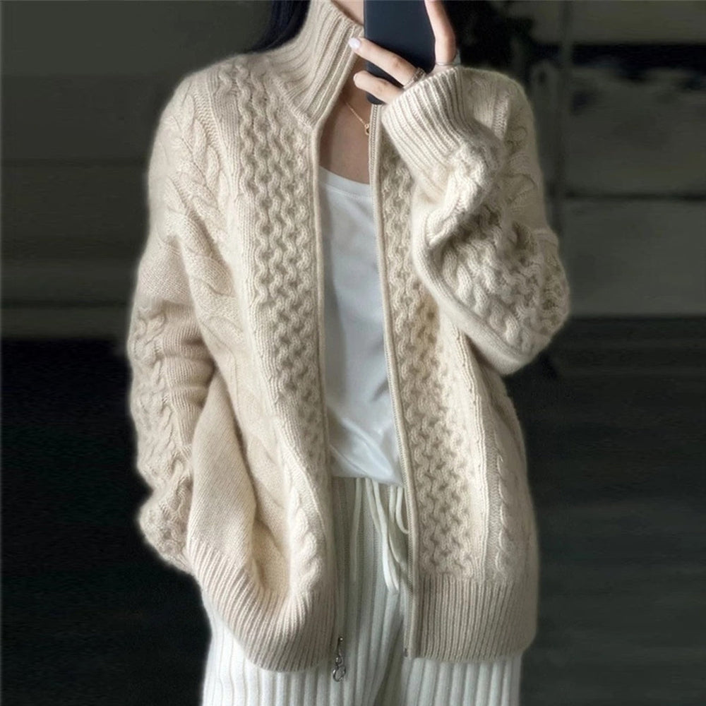 Women's Fine Wool Cardigan High Neckline - Fashinoza