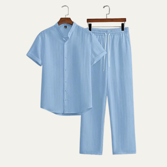 Men's Linen Summer Shirt Pants Set Soft Beige - Fashinoza