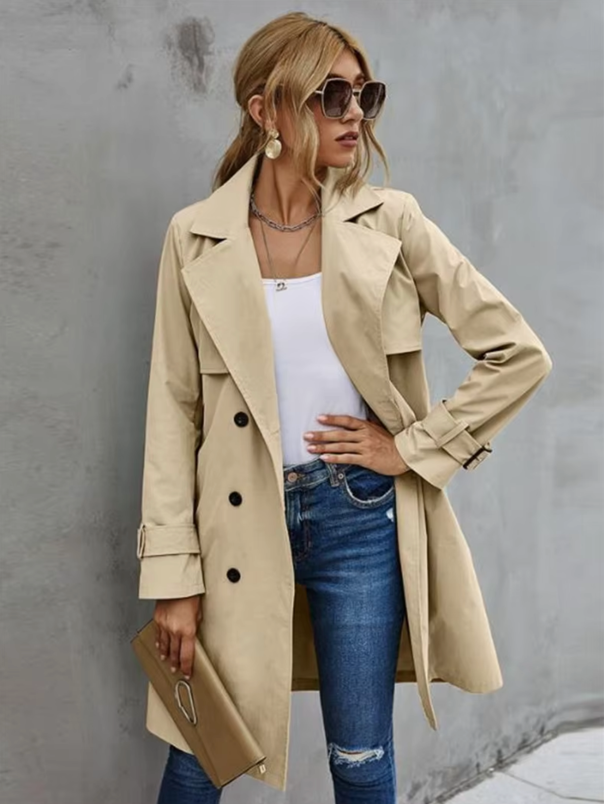 Women's Double-Breasted Trench Coat Classic Fit - Fashinoza