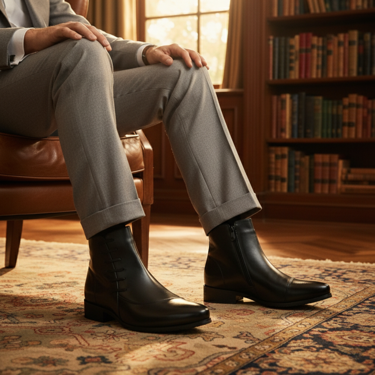 Men's Leather Chelsea Boots Polished Lace Up Black