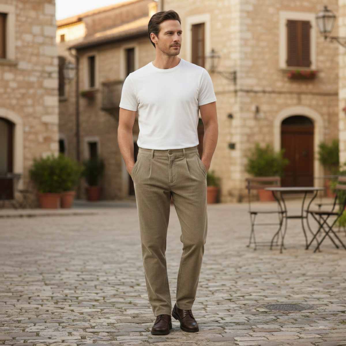 Men's Corduroy Pants Elastic Waist Casual Brown