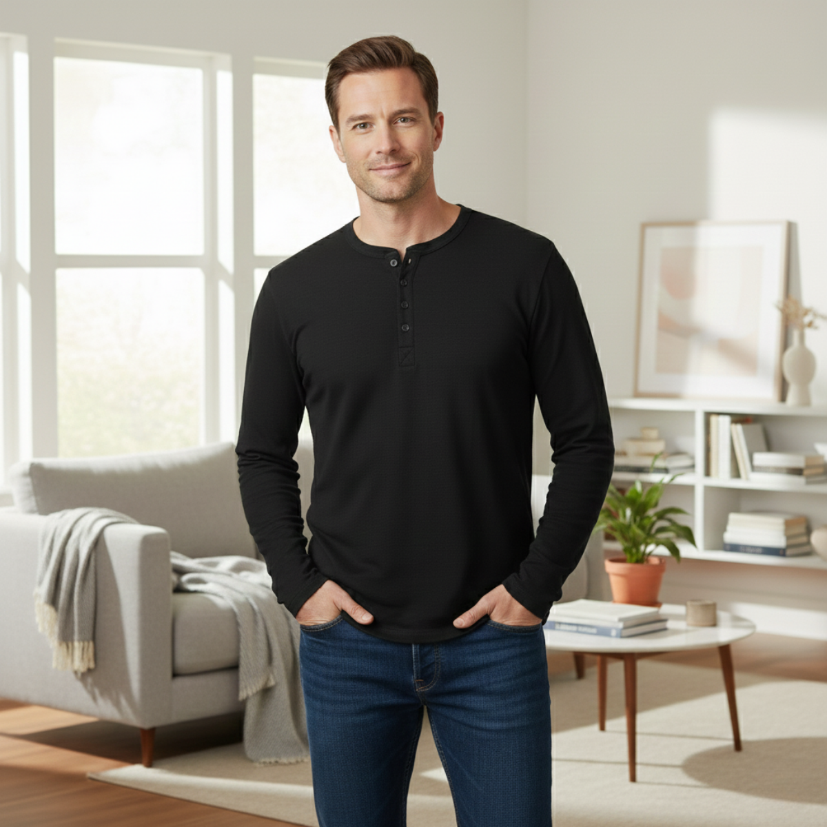 Men's Cotton Long Sleeve Henley Shirt Modern