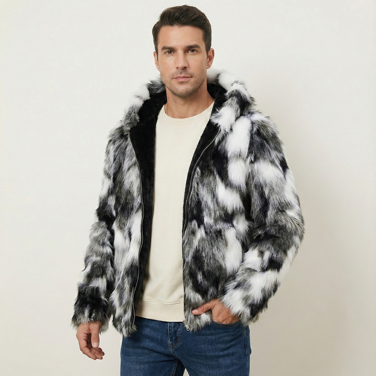 Men's Fur Hooded Winter Jacket Soft Elegant Black