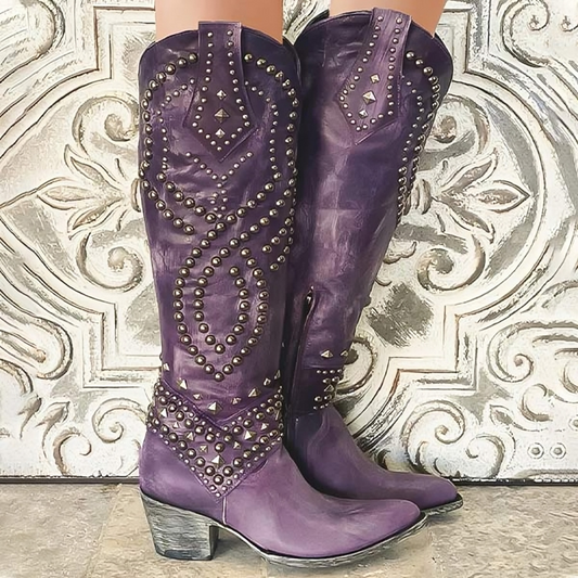 Jenna | Womens Knee High Studded Block Heel Boots