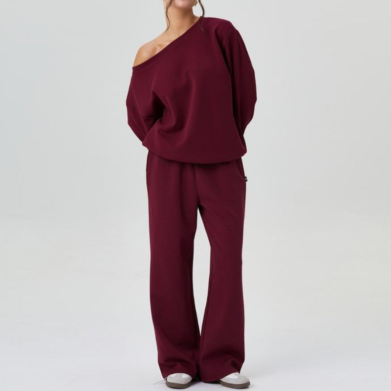 Women's Off-Shoulder Sweatshirt And Wide Leg Pants Set Cozy Cotton - 
Fashinoza