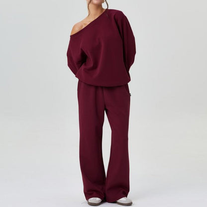 Women's Off-Shoulder Sweatshirt And Wide Leg Pants Set Cozy Cotton - 
Fashinoza