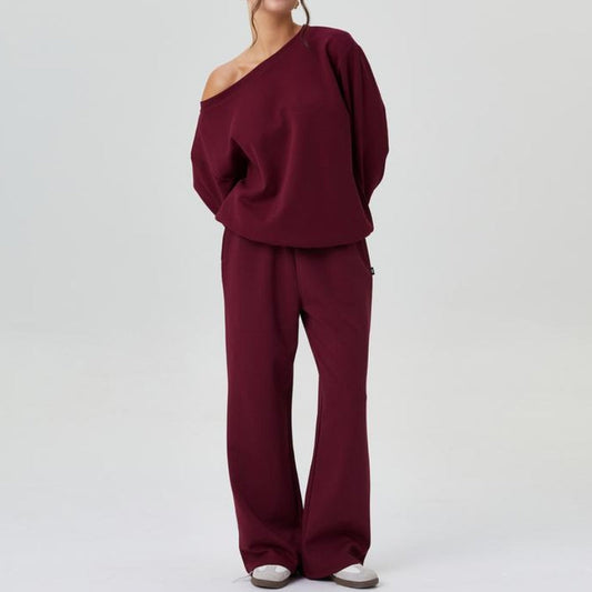 Women's Off-Shoulder Sweatshirt And Wide Leg Pants Set Cozy Cotton - 
Fashinoza