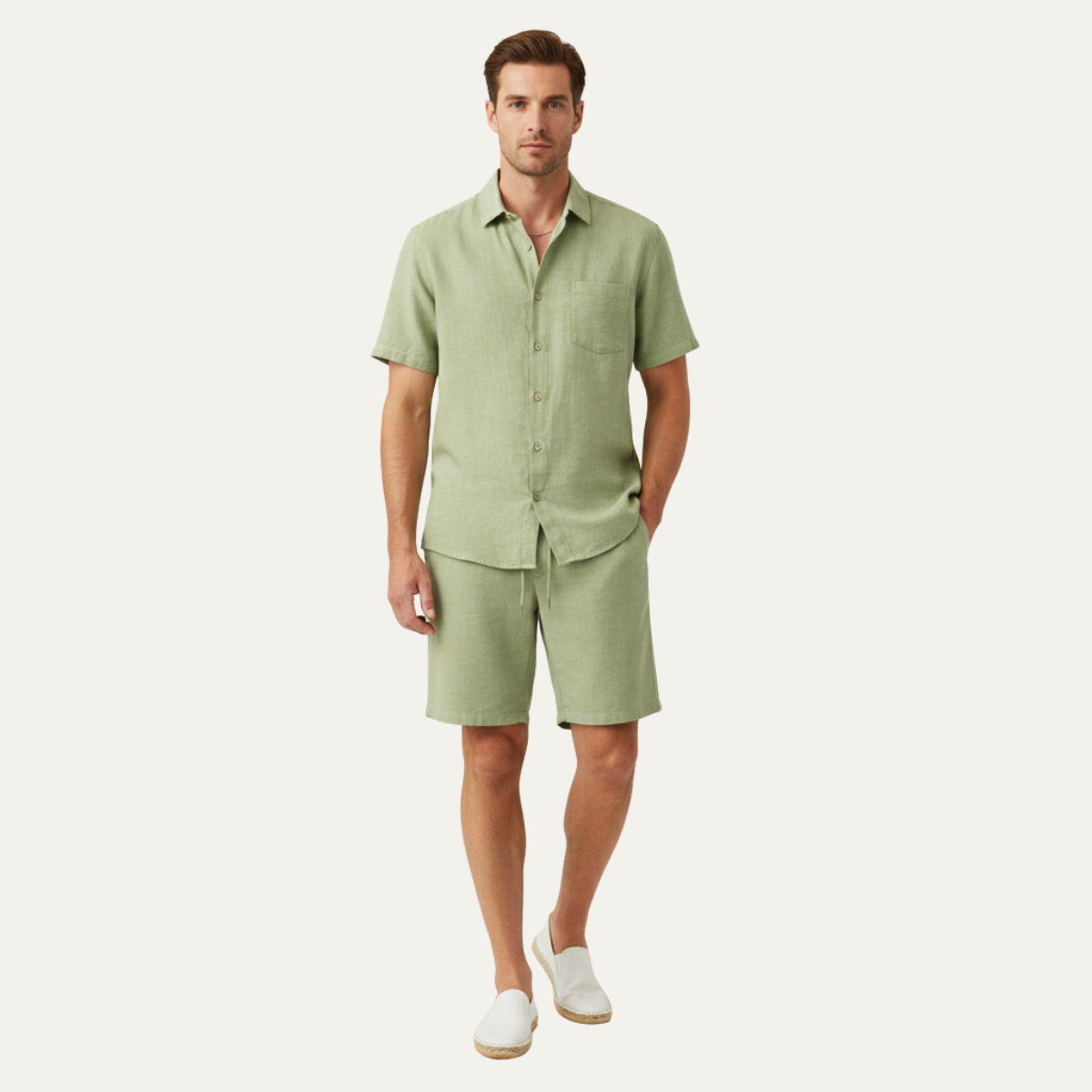 Men's Linen Shirt And Shorts Set Lightweight Beige