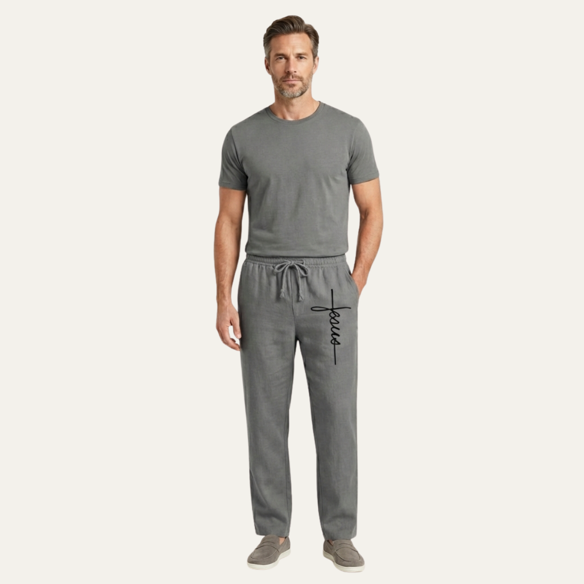 Men's Linen Drawstring Pants Breathable Relaxed Fit Beige