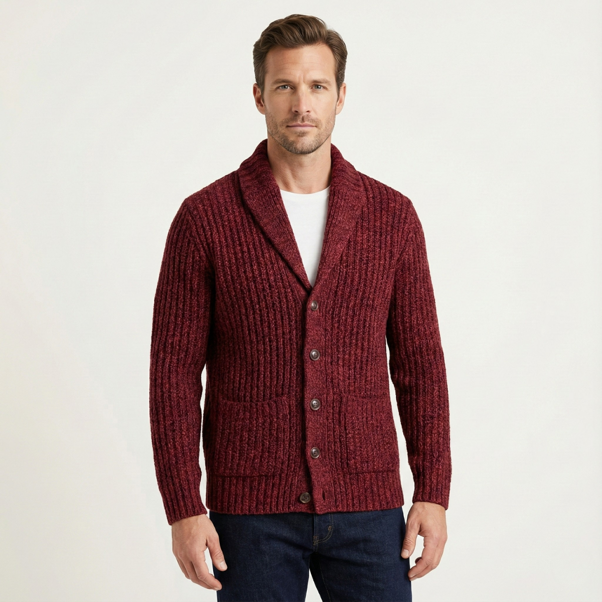 Men's Chunky Knit Cardigan Shawl Collar