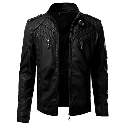 Men's Leather Jacket Slim Fit Zip Pockets Black - Fashinoza