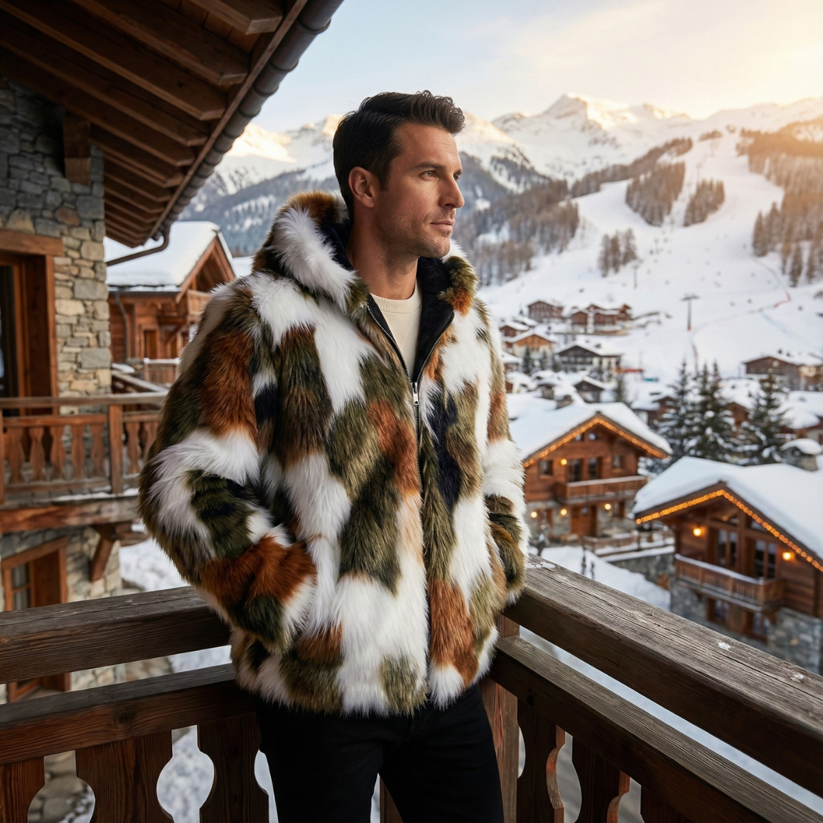Men's Fur Hooded Winter Jacket Soft Elegant Black