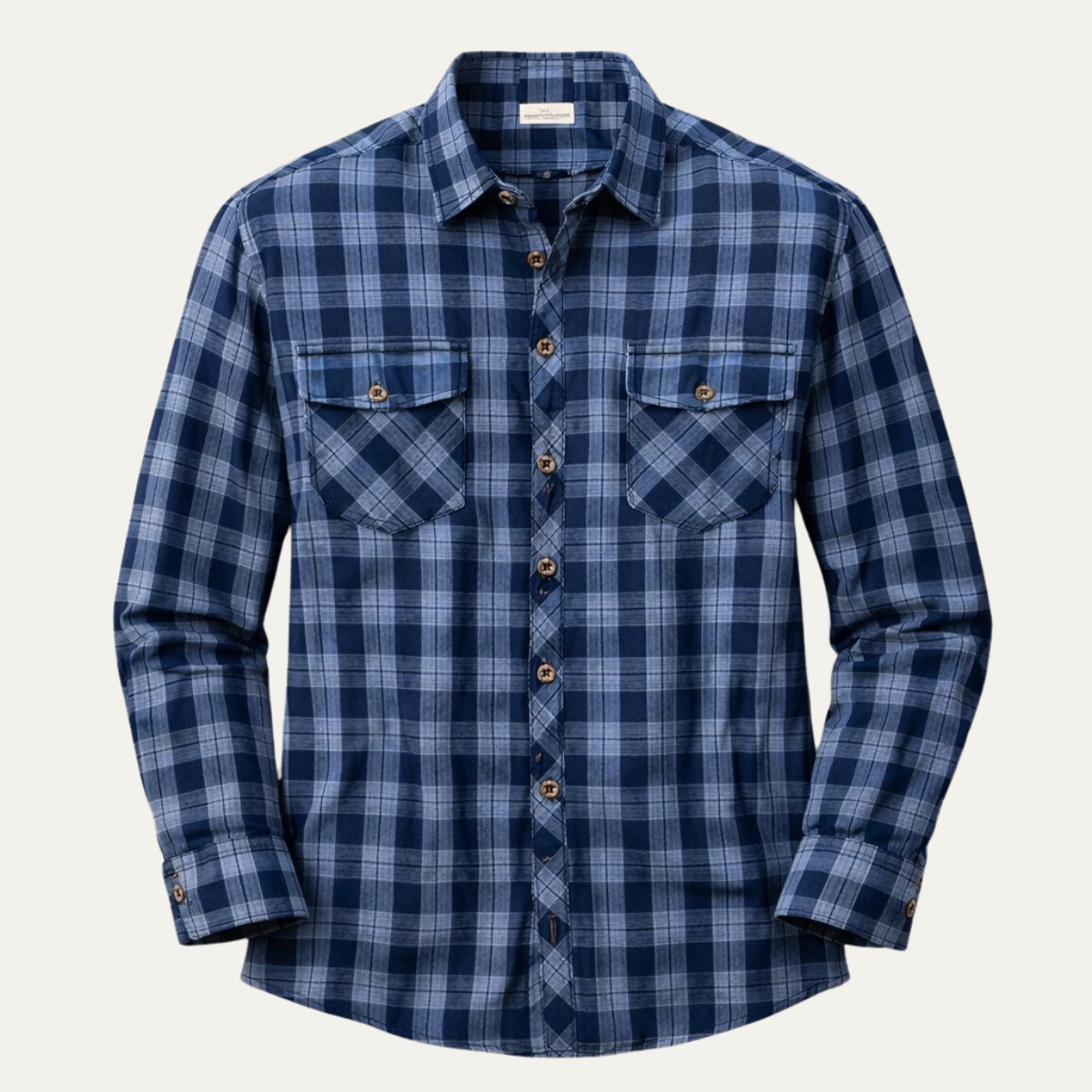 Men's Plaid Denim Shirt Chest Pockets - Fashinoza