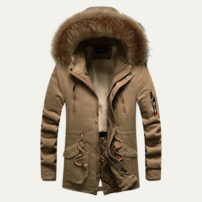 Men's Down Hooded Parka Jacket Fur Trim Black - Fashinoza