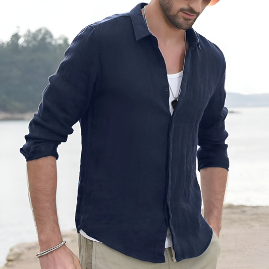 Linen Shirt Turn Down Collar Solid Color - Fashinoza