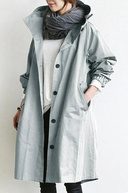 Women's Hooded Trench Coat Oversized Cotton Button Front Beige - Fashinoza