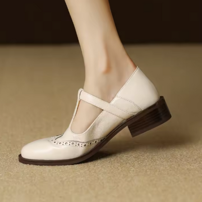 Women's Leather Mary Jane Shoes Low Block Heel