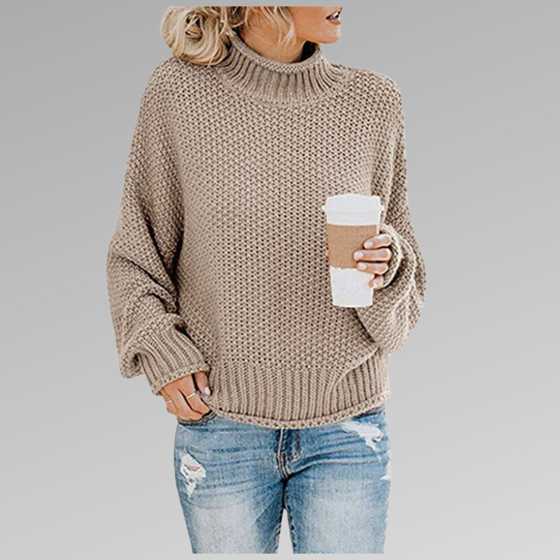 Women's Long Sleeve Knit Sweater Cozy High Neck Beige