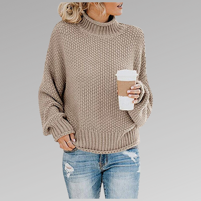 Women's Long Sleeve Knit Sweater Cozy High Neck Beige